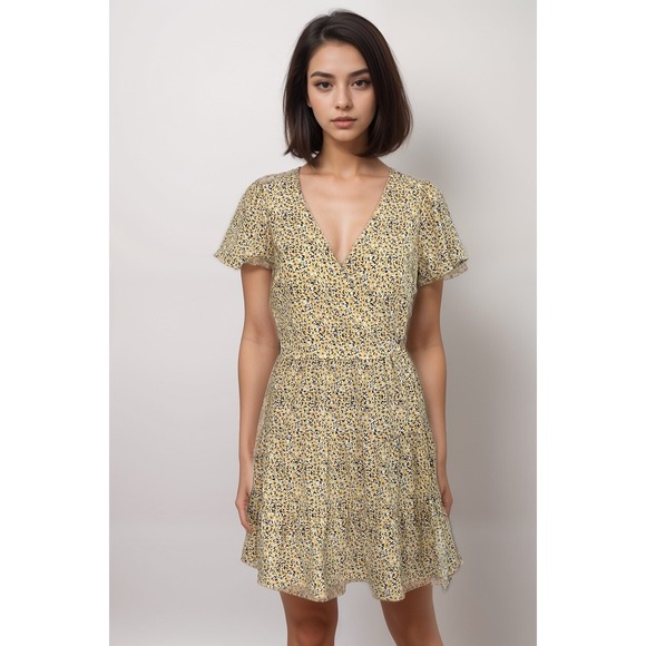 Abercrombie & Fitch Mini Wrap Dress Women Sz S Yellow Floral‎ Summer Cottagecore - Picture 1 of 10